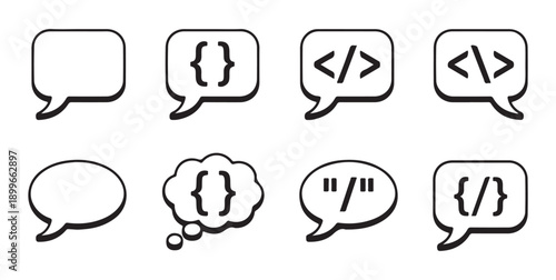 Programming code speech bubble icons with curly brackets and tags for developers and software engineering apps