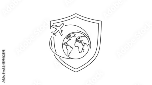 World globe and airplane with security shield outline icon