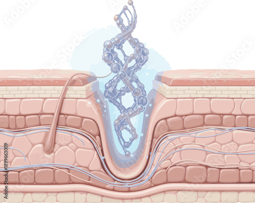  Create a realistic Hyaluronic or collagen penetrating deep into skin layers. 3D rendering. vector art with white background .