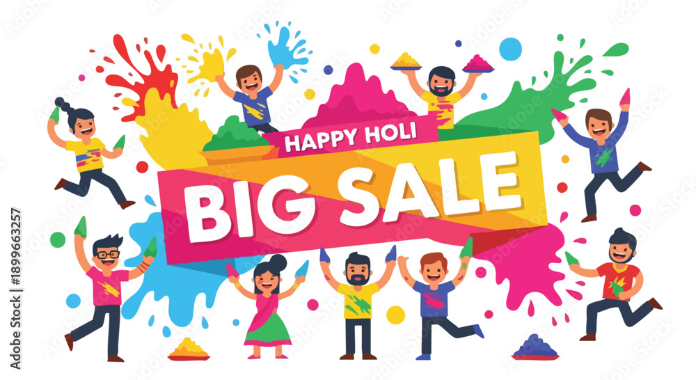 Fototapeta premium Vibrant illustration of people celebrating Happy Holi with colorful powders and water splashes, surrounded by a big sale banner in a lively and festive atmosphere.