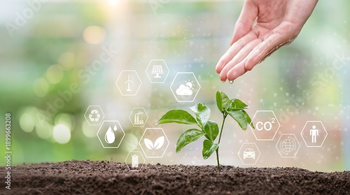 A human hand gently nurturing a young plant with water, surrounded by eco-friendly icons symbolizing sustainability and environmental care