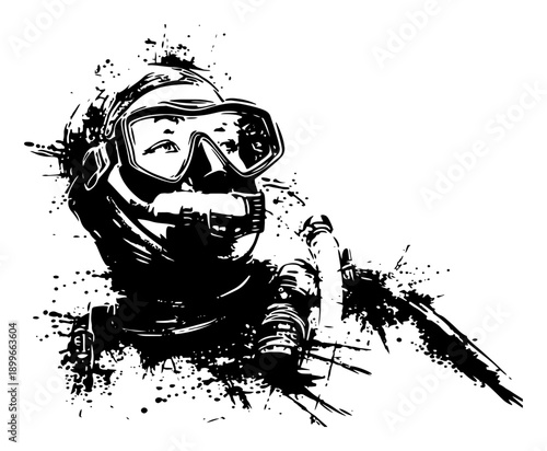 Grunge ink splash illustration of a scuba diver wearing a mask and snorkel