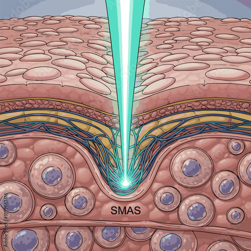 Create a realistic Laser light penetrating skin cells to SMAS, symbolizing skincare. 3D rendering vector art..