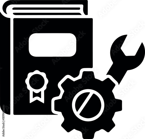A black and white icon depicting a book with a ribbon badge gear and wrench representing learning and technical knowledge