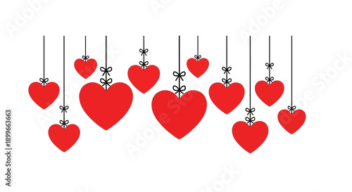 Red hearts hanging from strings in elegant display