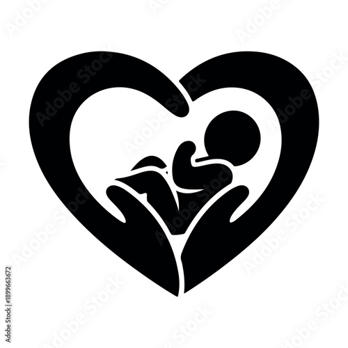 A black and white illustration of a heart shape enclosing two hands tenderly holding a baby symbolizing love care and compassion