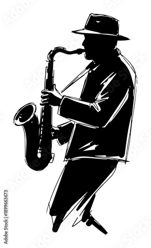 Black and white silhouette sketch of a jazz musician playing saxophone