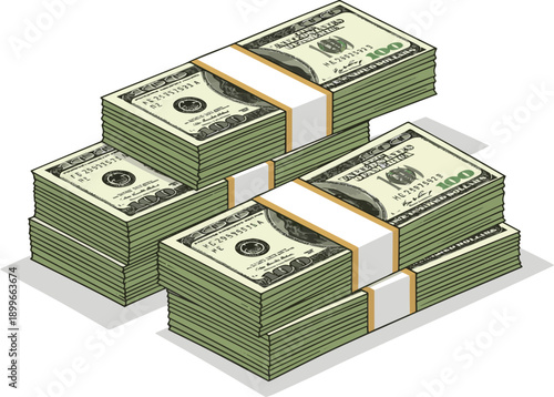 Create a realistic Money, dollars icon. Packs of 100 US dollar notes stack. United states currency vector art with white background..