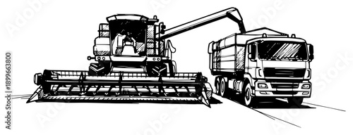 Hand drawn agricultural sketch of a combine harvester loading grain into a truck