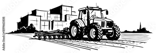 Perspective sketch of a tractor working in a field with farm buildings background
