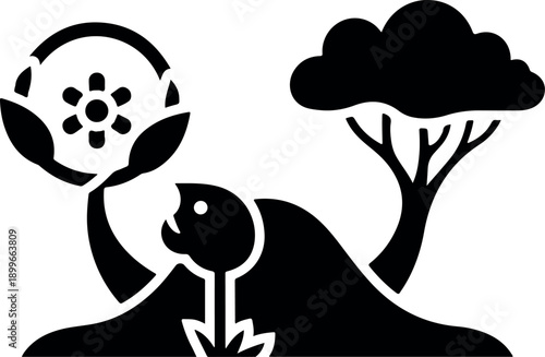 A silhouette illustration of a figure planting a small tree sapling on a mound of soil with a mature tree nearby