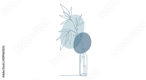 Vector illustration of a perfume bottle with leaves and geometric shapes, minimalist design, for branding or packaging mockup, isolated on transparent background, png