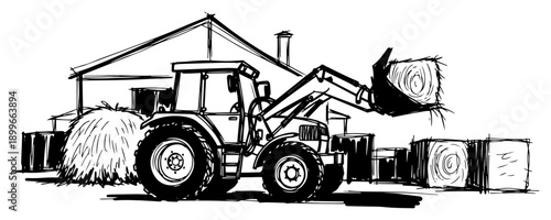 Hand drawn sketch of a farm tractor with front loader moving hay bales
