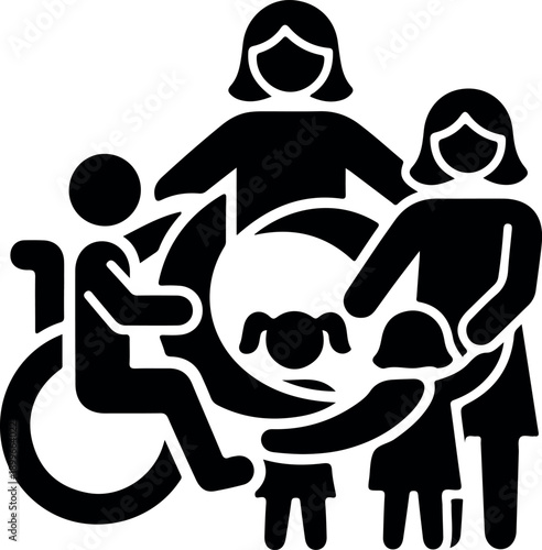 An illustration of a group of people including individuals in wheelchairs surrounded by caring figures depicting unity and support