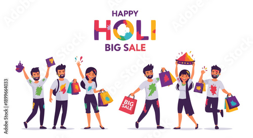 Illustration of diverse people celebrating Happy Holi with colorful bags and shopping during a big sale, against a clean white background with vibrant typography.