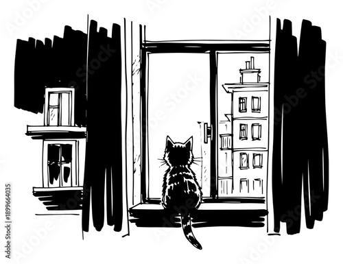 Black and white ink sketch of a domestic cat sitting on a windowsill looking at city buildings