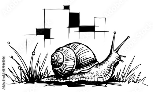 Artistic hand drawn illustration of a large snail crawling through grass with urban background