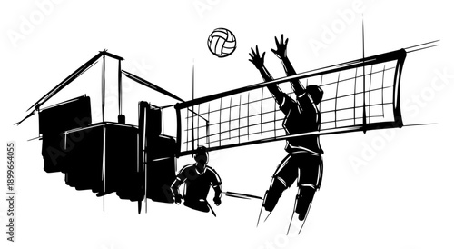 professional volleyball player jumping at net to spike ball hand drawn vector sketch