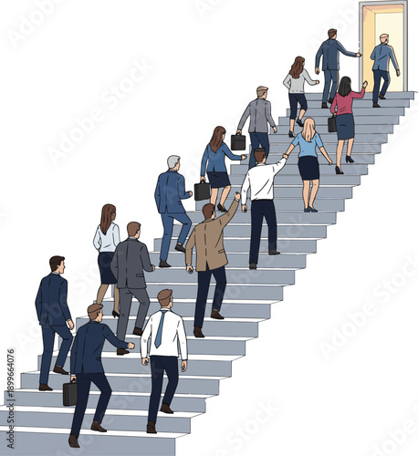 Create a realistic Success business concept. People climbed on top of the stairs vector art with white background.