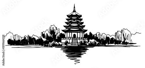 Hand drawn sketch of a traditional Japanese pagoda reflected in a calm lake surrounded by trees
