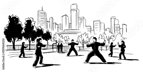 Group of people practicing tai chi martial arts in an urban park with city skyline