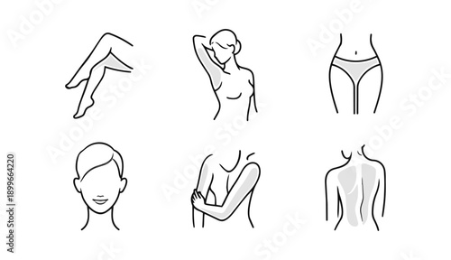 Female Hair Removal Body Zones Line Icon Set - Legs, Underarms, Bikini, Face, Arms, Back