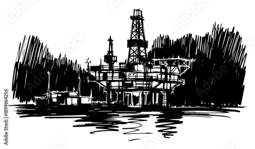 Hand drawn sketch of an offshore oil rig platform in the ocean with industrial structures