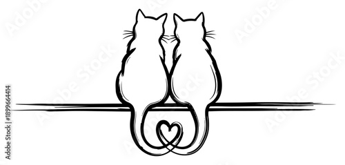 Romantic line art illustration of two cats sitting together with tails forming a heart
