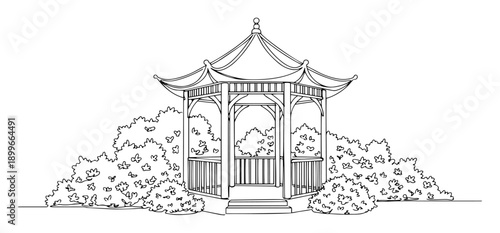traditional garden gazebo pavilion surrounded by lush bushes hand drawn line art vector illustration