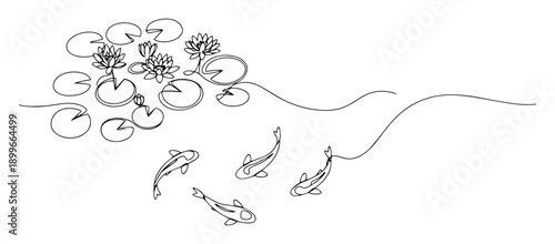 Minimalist one line drawing of koi fish swimming among water lilies and lotus leaves
