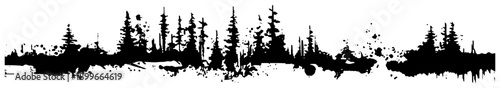Panoramic pine forest silhouette with grunge ink texture and wilderness theme