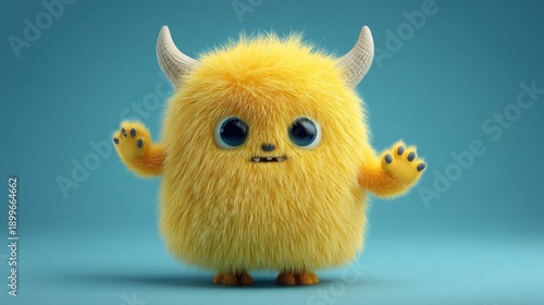 Cute yellow furry cartoon monster with horns and big blue eyes.