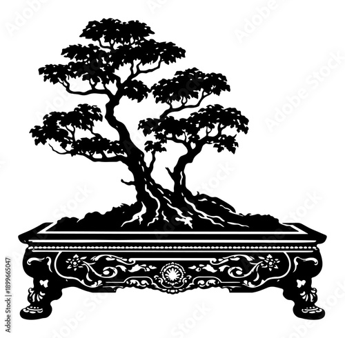 Traditional bonsai tree silhouette in a decorative oriental pot black and white vector illustration