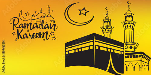 Ramadan Kareem greeting with Kaaba and mosque minarets.
