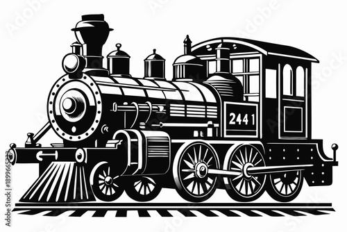 Vintage steam locomotive train black and white illustration railroad transportation retro classic engine