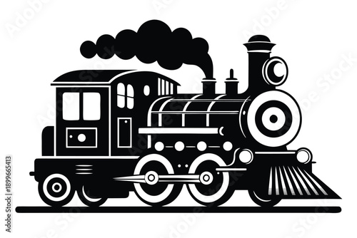 Vintage steam locomotive train black and white illustration retro transportation railroad journey travel engine