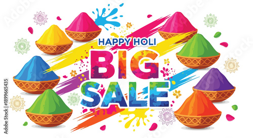Vibrant Holi celebration with colorful powder cones and paint splatters announcing a big sale in a lively, festive atmosphere with bright hues and joyful mood.