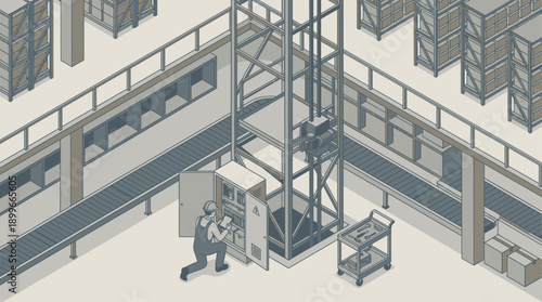Isometric Industrial Warehouse Maintenance with Technician Repairing Electrical Control Panel. Logistics Distribution Center with Conveyor Belt, Cargo Lift, and Storage Racks for Supply Chain.