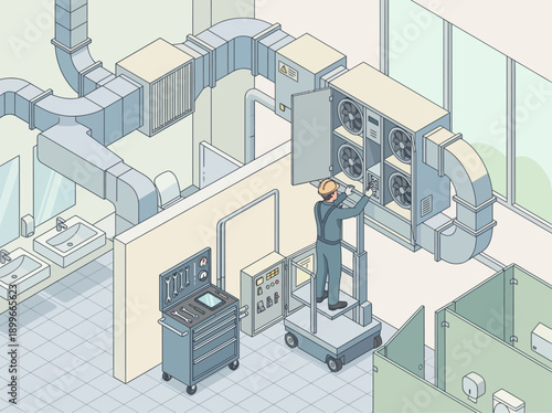 Isometric HVAC Technician Repairing Industrial Air Conditioning System, Maintenance Worker Servicing Ventilation Unit on Scissor Lift in Commercial Building, Facility Infrastructure Illustration