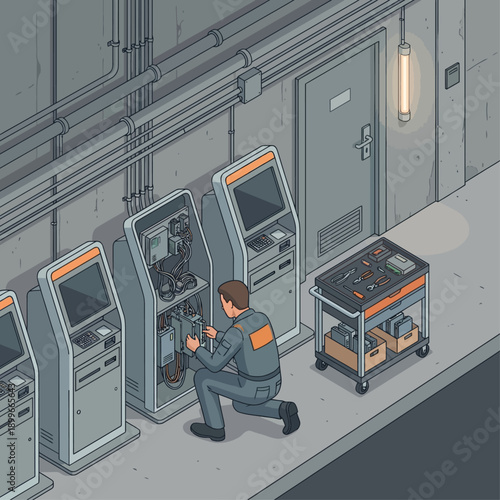 Isometric Illustration of a Maintenance Technician Repairing an ATM Kiosk, Professional Service Worker Troubleshooting Electronic Hardware in Industrial Corridor with Tool Cart