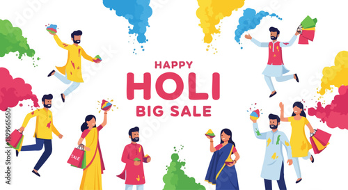 Colorful illustration of people celebrating Holi with vibrant powders and water balloons during a big sale event on a white background with splashes of color.