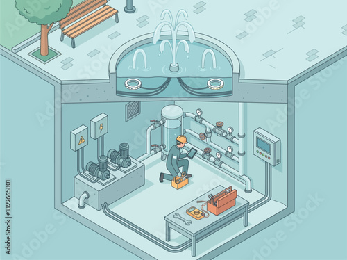 Isometric Vector Illustration of a Professional Technician Performing Maintenance on Underground Fountain Water Pump System and Plumbing Infrastructure in a Public Park