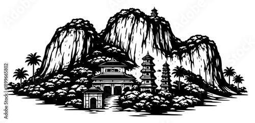 Scenic oriental landscape with mountains pagodas and palm trees in detailed vector style