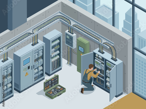 Isometric Electrician Technician Maintaining Power Distribution Panel, Industrial Facility Service and Electrical Infrastructure Repair, 3D Vector Illustration in Blue and Grey