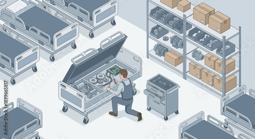 Isometric Hospital Bed Maintenance and Repair by Medical Equipment Technician in Healthcare Facility Storage Room, Biomedical Engineering Concept Illustration