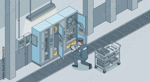 Isometric Industrial Maintenance Technician Inspecting Electrical Control Panels with Digital Tablet in Factory. Smart Manufacturing and Facility Management Concept Illustration.