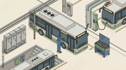 Isometric Electric Bus Maintenance Depot and Charging Station with Technician Repairing Vehicle, Sustainable Public Transport Infrastructure and Smart City Green Energy Concept