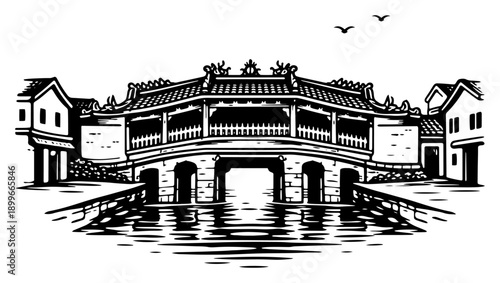 Traditional Japanese Covered Bridge in Hoi An Vietnam with historical architectural details in vintage woodcut style