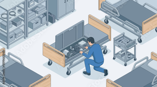Isometric Biomedical Engineer Repairing Electronic Hospital Bed in Clinic. Professional Maintenance Worker Servicing Medical Equipment. Vector Illustration for Healthcare Facility Management.