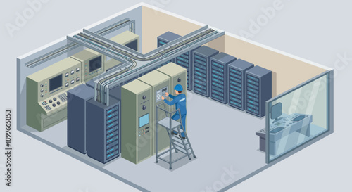 Isometric Data Center Maintenance with IT Engineer Repairing Server Rack and Industrial Control Panel, Cloud Computing Infrastructure and Network Room Illustration